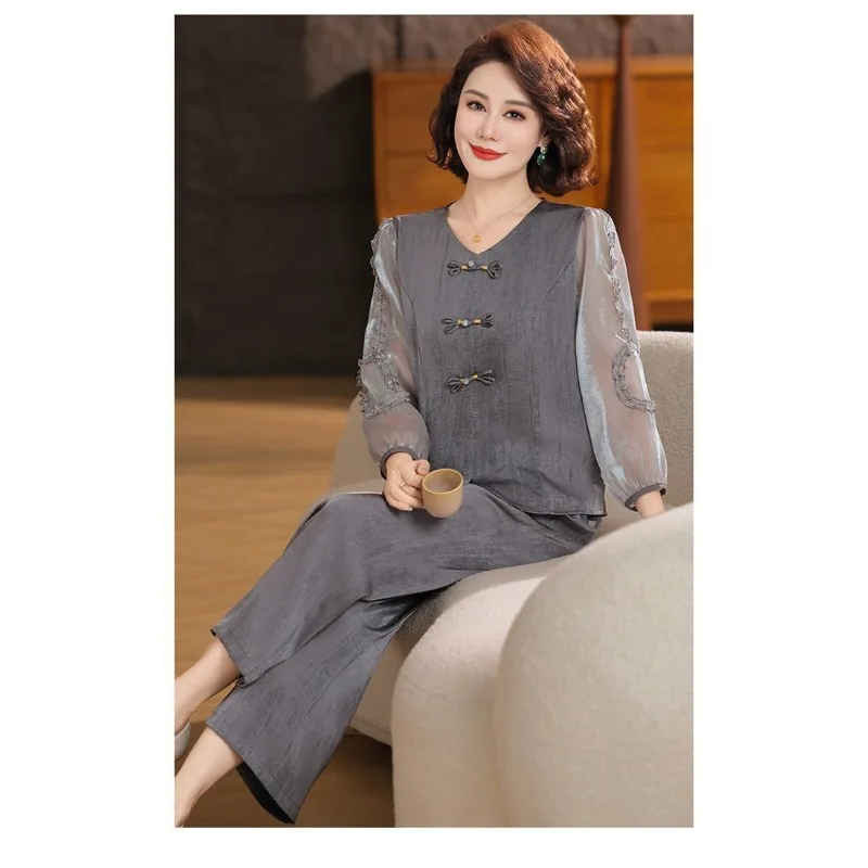 Middle Aged Women Chinese Style Two Piece Set Printed Blouse Wide Leg Pants Summer Elegant Outfit Plus Size L 5XL