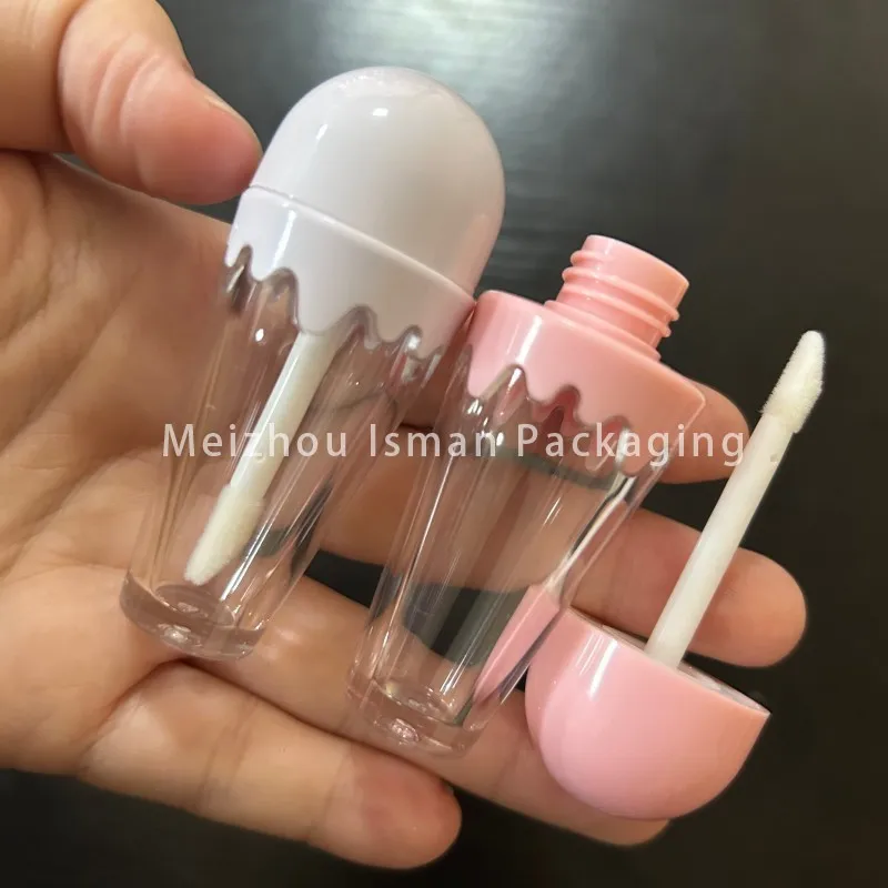 

50Pcs 6ml Plastic Pink White Ice Cream Cone Shaped Lip Gloss Makeup Packaging Tube Empty Cute Lipgloss Container Tubes With Wand