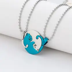 1 Set Couple Charm Cat Pendant Necklace Women Men Stainless Steel Girl Gift Jewelry Set Blue Gold Color Black Wholesale Supply
