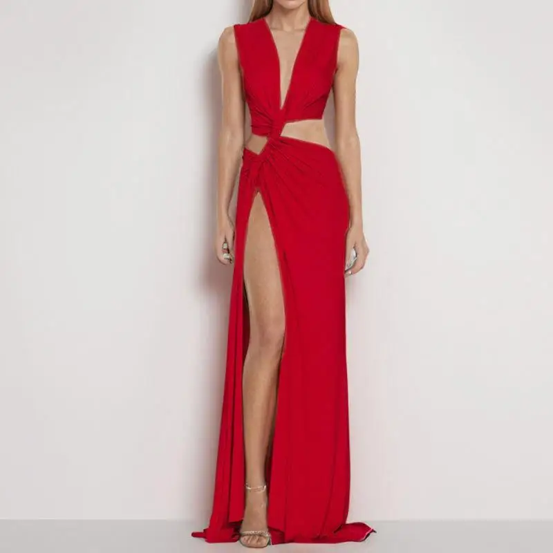 2025年春 ファイオン ホローアウト ノット スリット Vネック スリム プリーツ イレギュラー ドレープ ローウエスト ロングスカート ワンピース