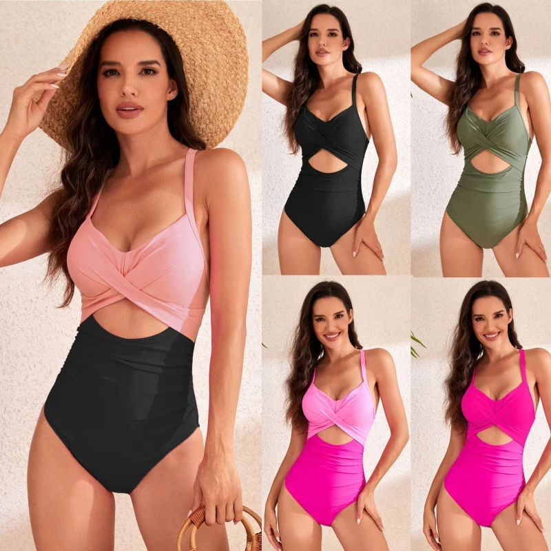 

One-Piece Hollow Monochrome Swimsuit for Women, Hard Bag, High Waist, Popular, New, 24