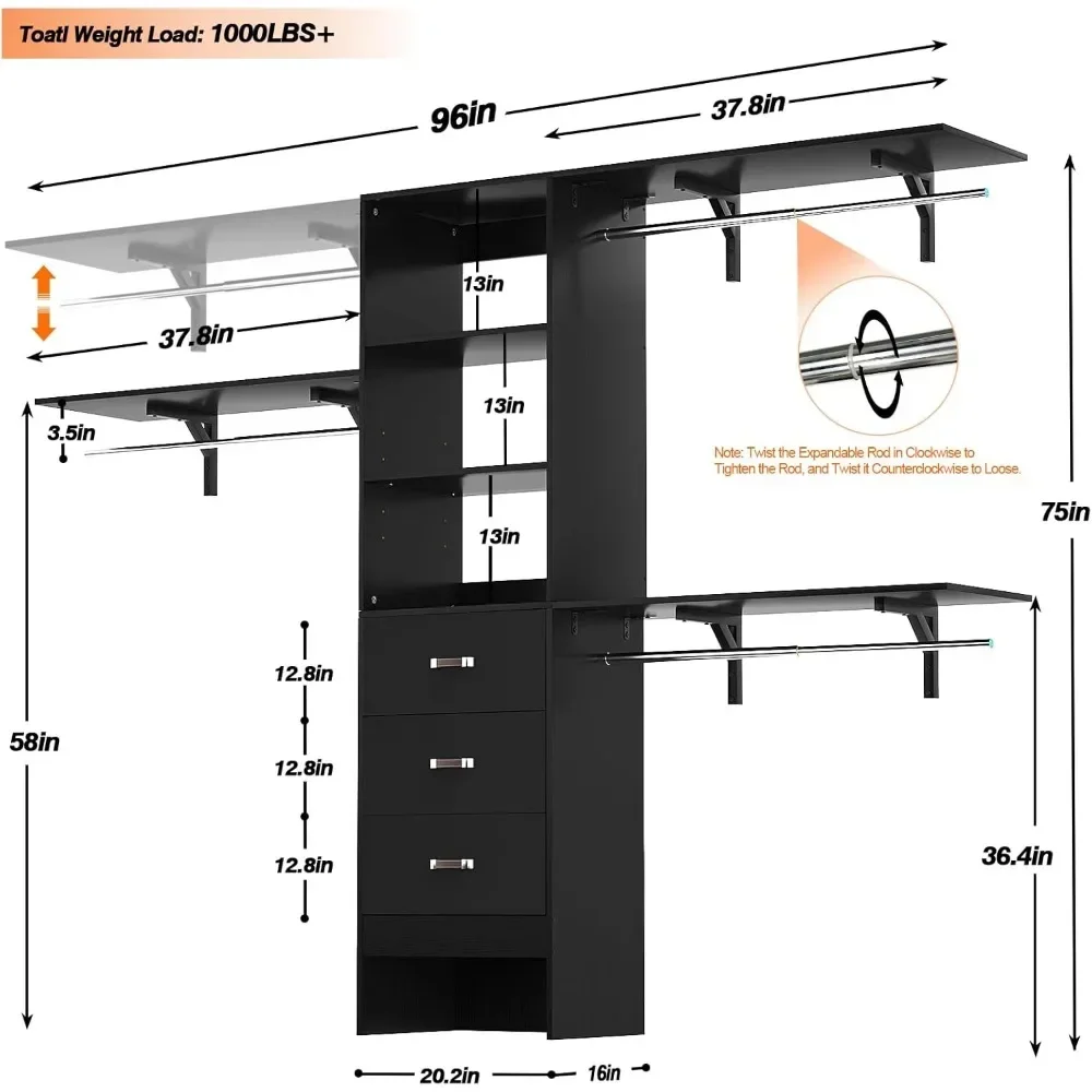 8FT Closet System, 96'' Closet Organizer System with 3Hanging Rods, Wall Mount Bedroom  with 3 Drawers Walk-in Closet, Wardrobes