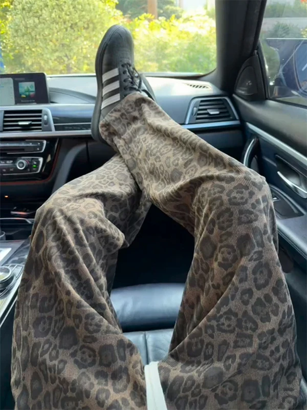 

Мужские спортивные повседневные брюки из вельвета цвета хаки с леопардовым принтом, прямые, в американском ретро-стиле, осенне-зимние, спортивные штаны