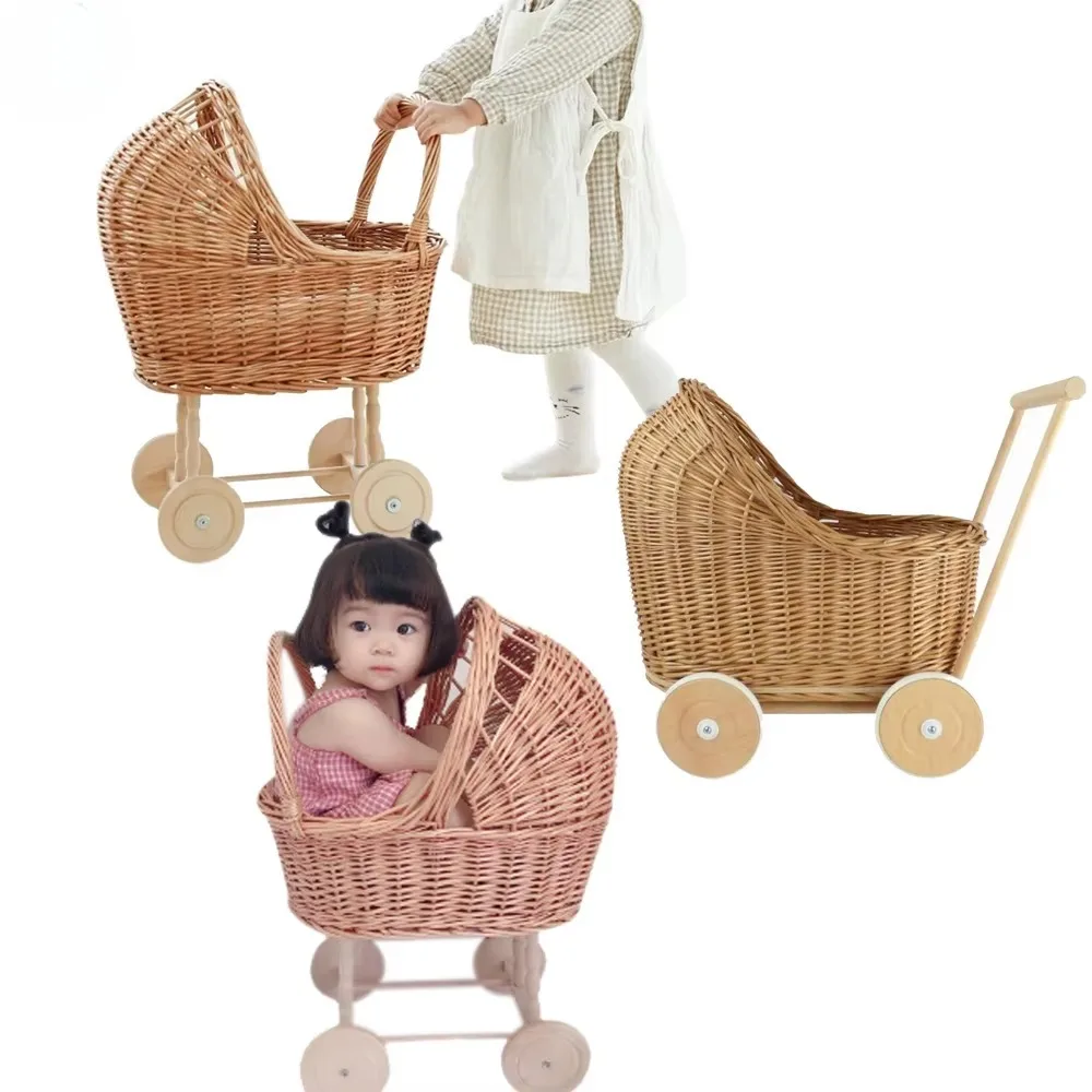 

Handmade Toy Stroller for Doll Storage Basket Nursery Room Decoration Wicker Dolls Pram Baby Toy Rattan Stroller