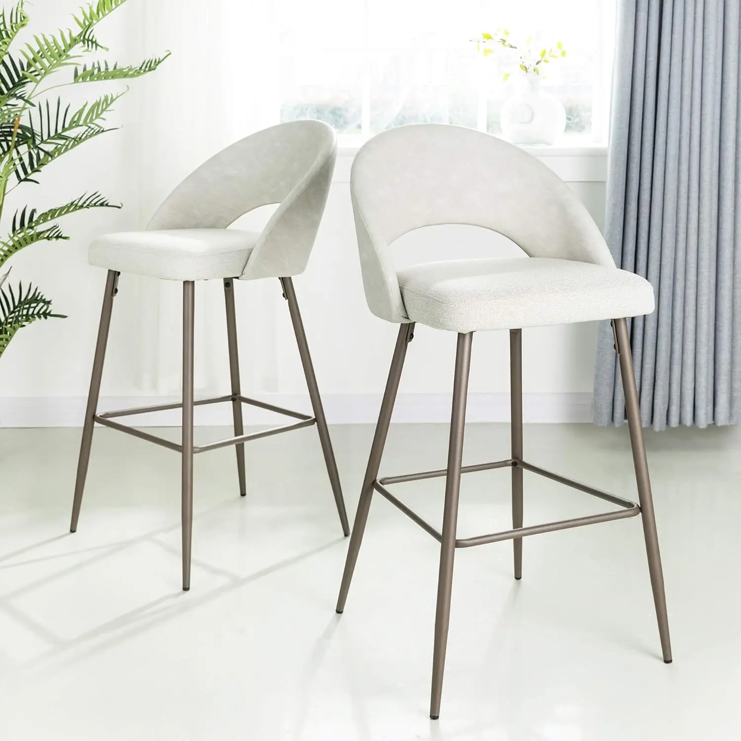 Set of 2 Modern Mid-Century 29 Bar Stools with Backrest and Footrest, Upholstered Two-Tone Color L