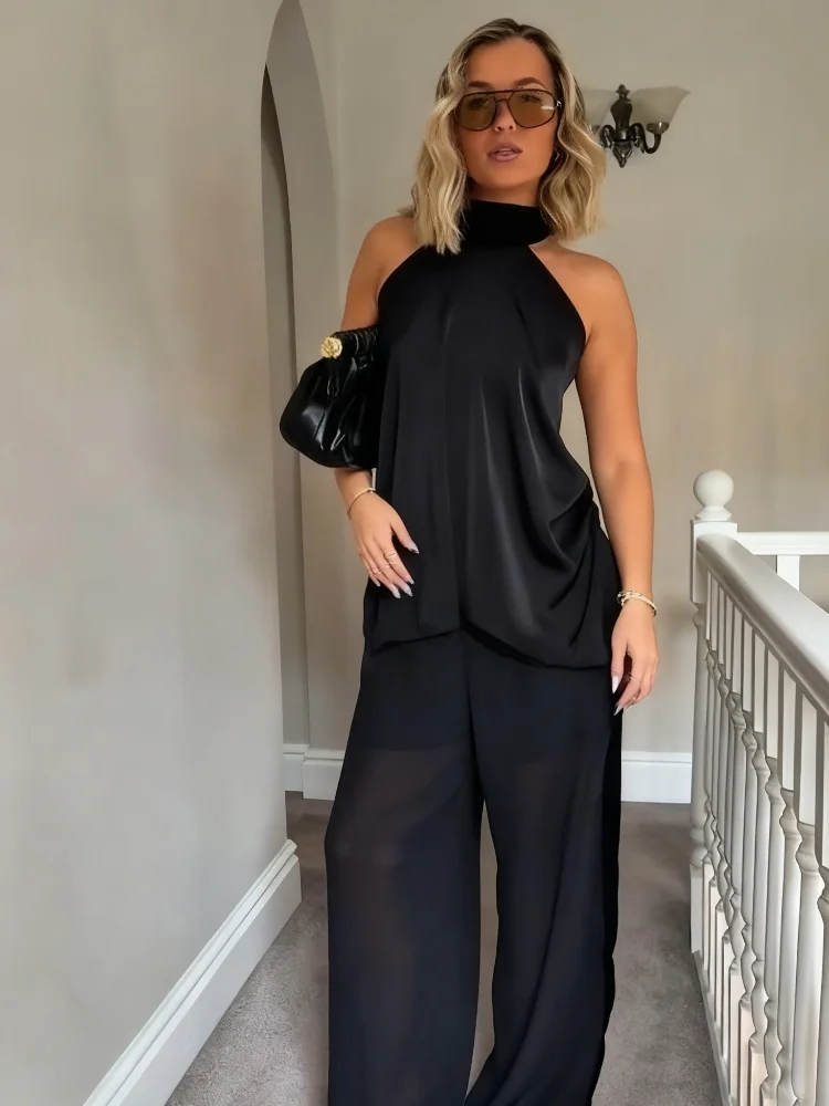 سترات رسن نسائية أنيقة باللون الأسود من الساتان 2026 وشاح جديد برقبة بدون أكمام بدون أكمام للسيدات ملابس حفلات أنيقة للسيدات شارع العليا