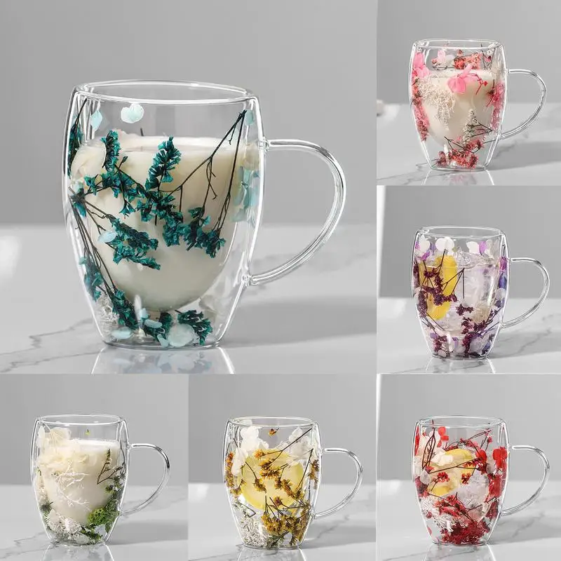 

350ml dried flower double-layer glass cup household milk coffee cup with Handle Dried Flower Decorated Heat Resistant Tea Cups