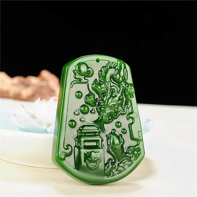 

Natural Green Hand Carved Yulong Jade Pendant Fashion Jewelry Liyu Yuelongmen Men Men's and Women's Necklace Gift Accessories