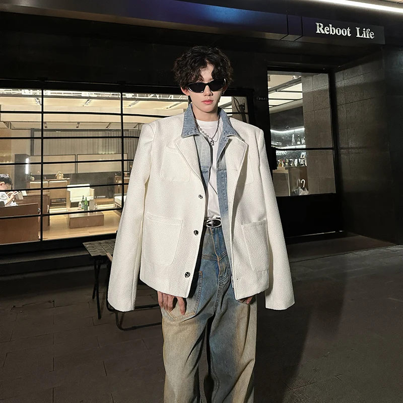 

Fall Faion Denim Patchwork oulder Pad Men's Jaet Sli Ele Woolen Chic Wind Coat Stand Fit Casual Urban Sle