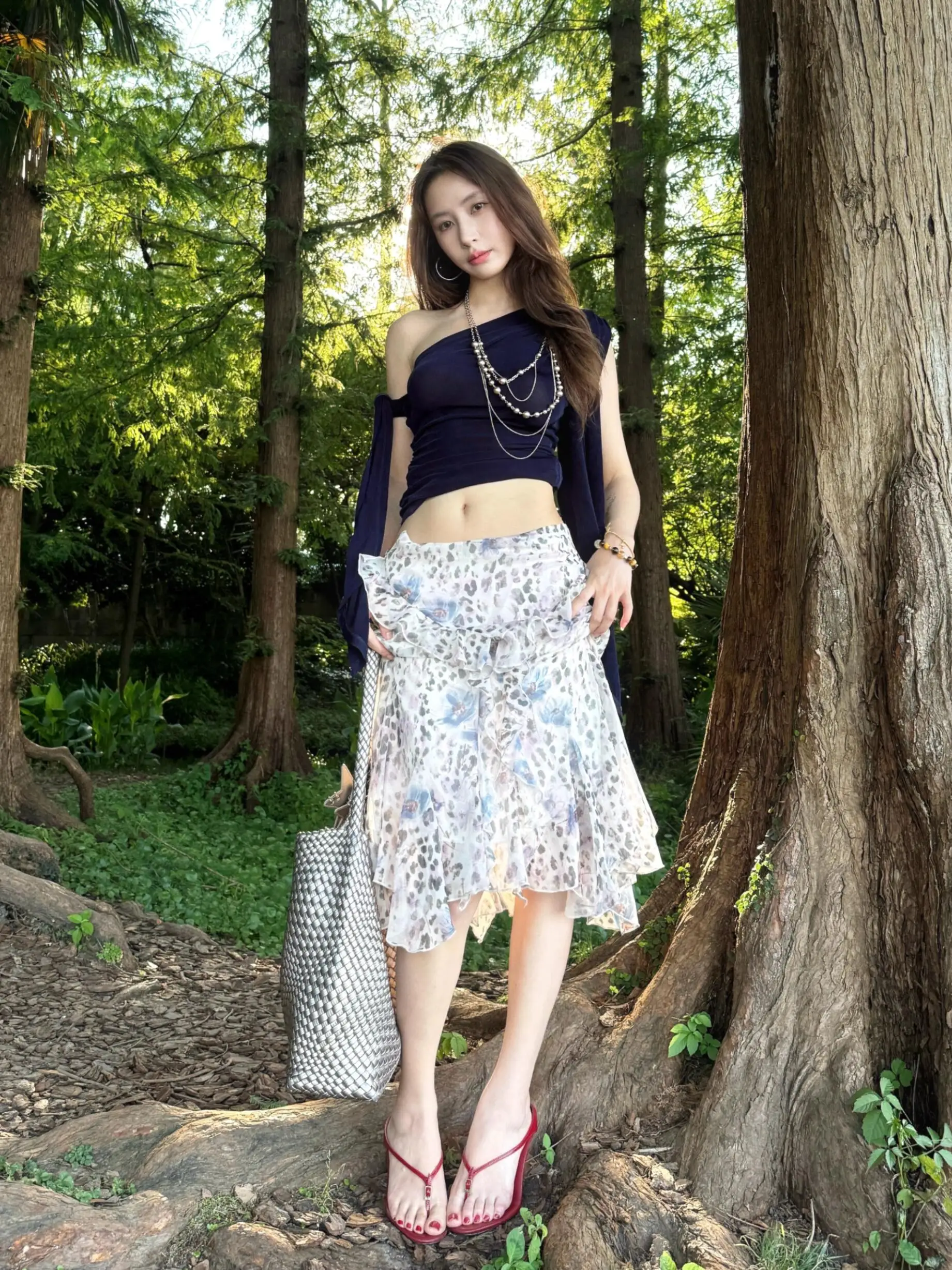 Romantic Lightweight Midi Skirt with Insertion Asymmetrical Hem Leopard Print American Style for Women Summer New Versatile H...