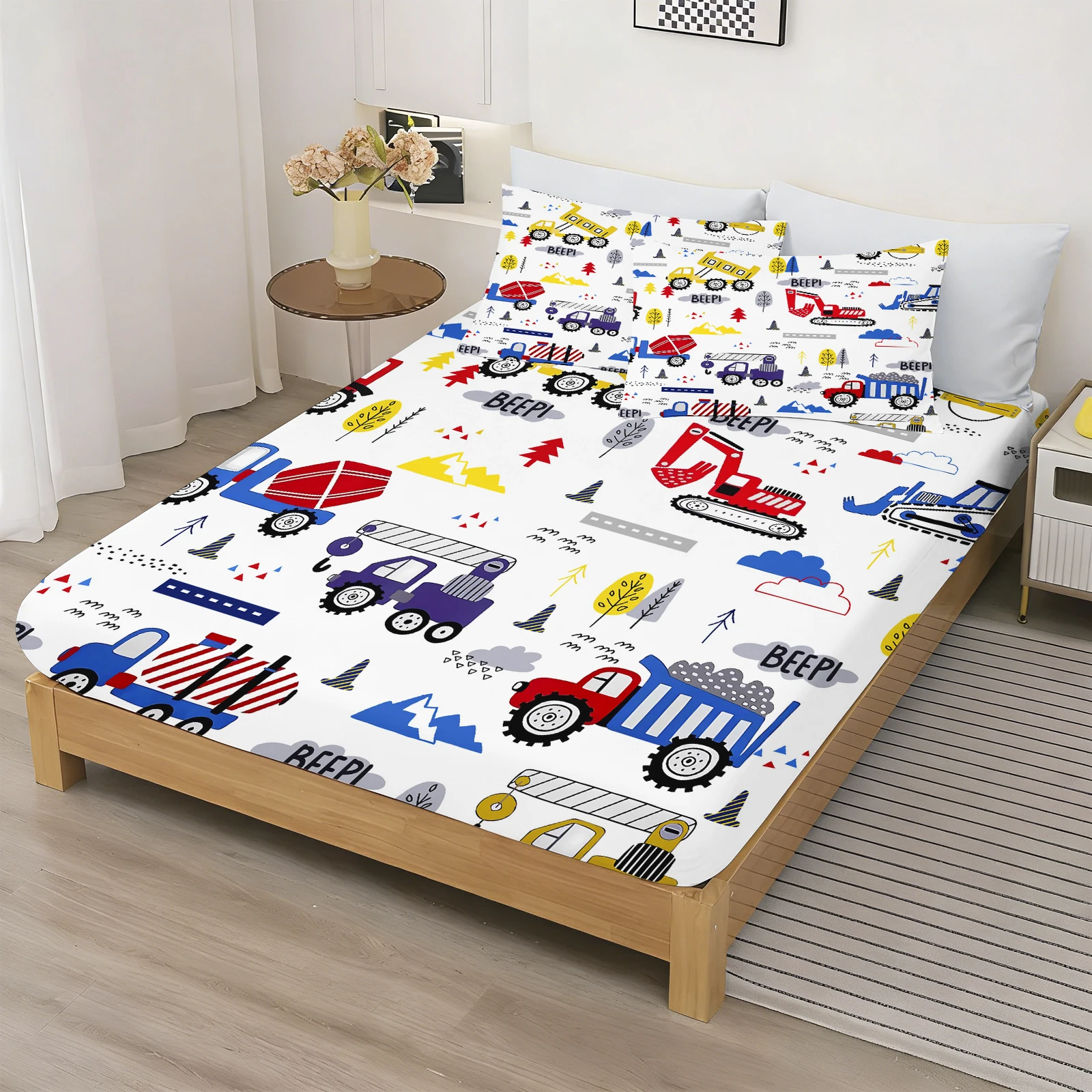 Car Fitted Sheet Engineering Vehicle Transportation Cartoon Pillowcase Fairy Tale Bed Cover With Elastic Skin-Friendly