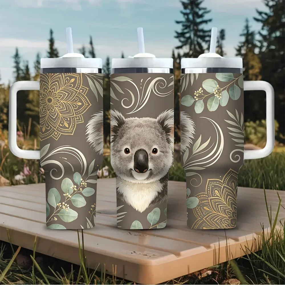 40oz Tumbler with Handle, Features Cute Koala And Elegant Mandala Floral Print, Perfect for Animal Lovers, Fits Hot And Cold Drinks, Ideal for Daily Use Outdoor Activities And Weekend Getaways