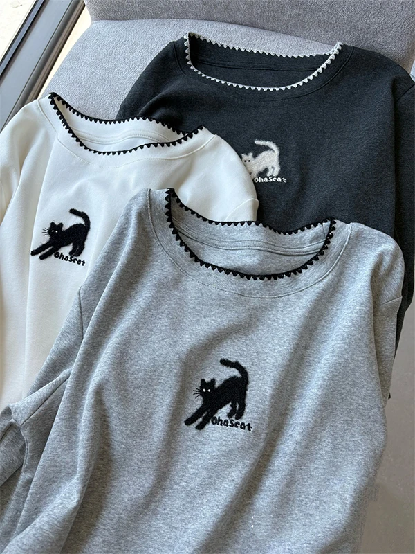 Spring Autumn Cartoon Cute  Embroidery Long Sleeve Women's Top Slimming Casual Inner Wear Base Shirt Sweet Style Polyester