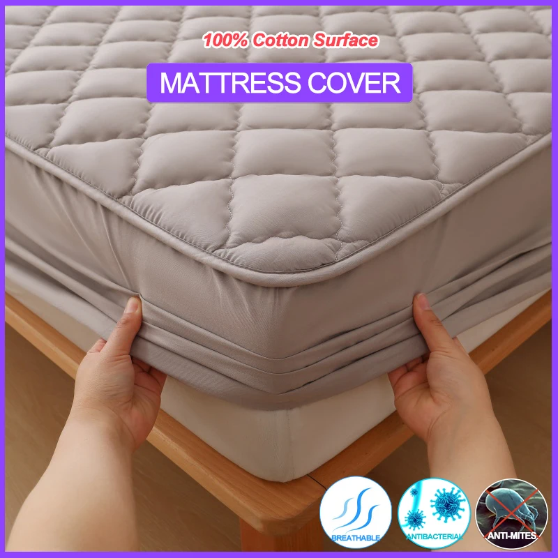 

100% Cotton Surface Mattress Cover Antibacterial Hypoallergenic Mattress Protector Breathable Noiseless Fitted Sheet Comfort