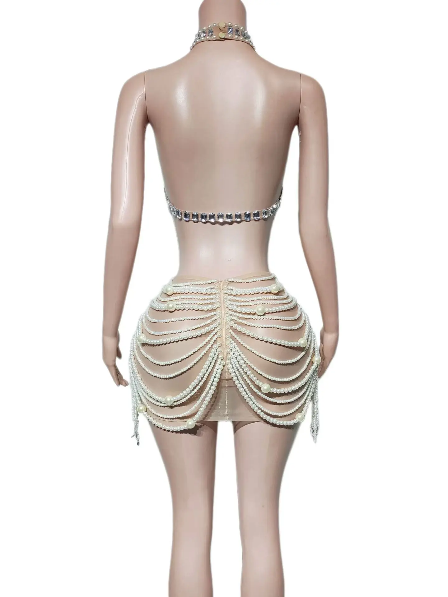 Sparkly Rhinestone Pearls Crop Tops Mini Skirt 2Pieces Set Sexy Women See Through Birthday  Celebrate Costume Party Wear Yunzhu