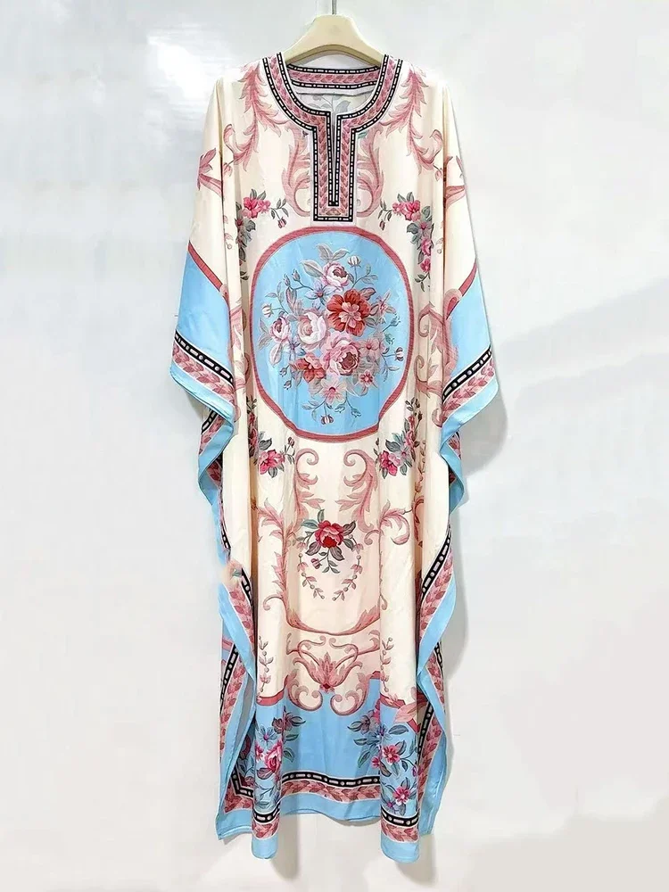 Designer's retro geometric print semi-open collar bat-sleeve pullover dress 2025 Autumn women's fashion loose puffy dress