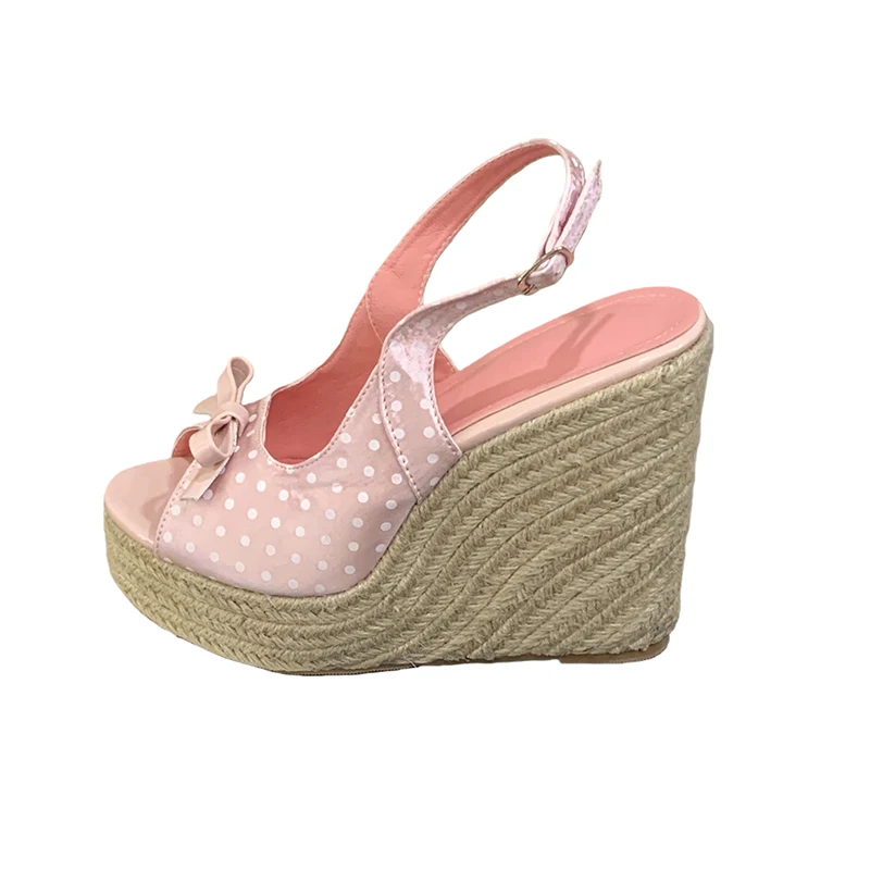 

12cm Wedge Heel Sandals Pink Platform Shoes Woman Bow Black And White Polka Dots Block Heeled Bohemia Beach Sandals Summer Shoes