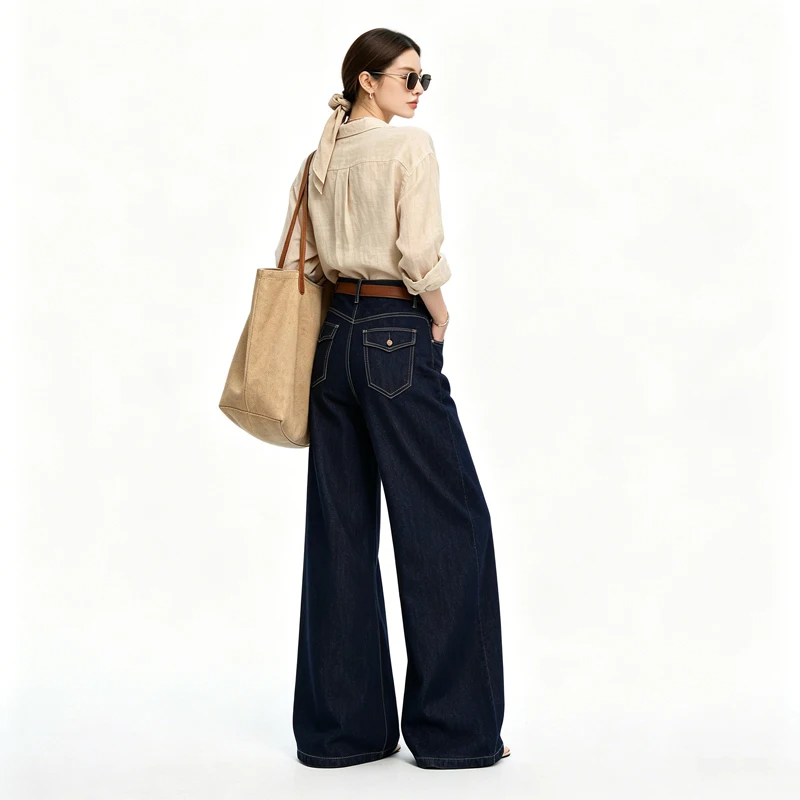 Raw Denim Wide Leg Jeans for Women, High Waist Vintage Loose Draped Slim-Fit Versatile Commuter Floor-Length Trousers