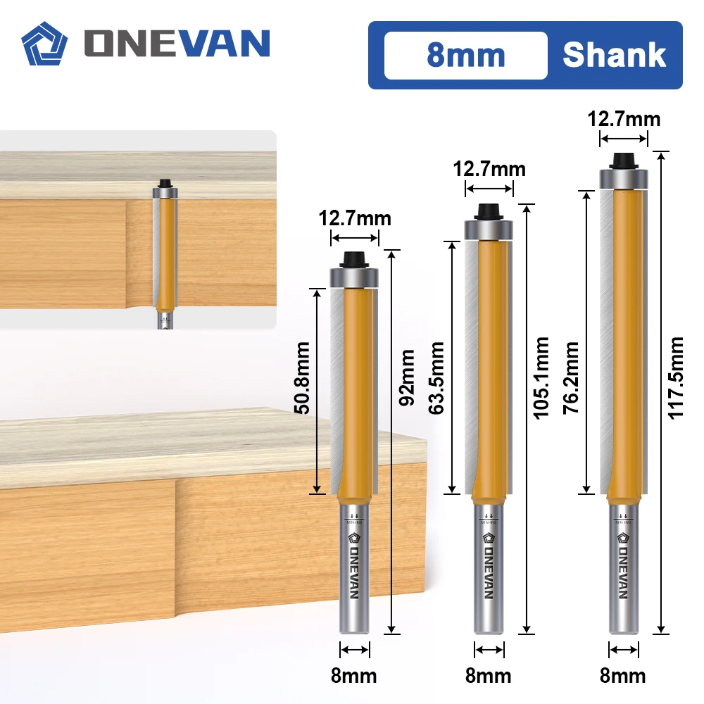 ONEVAN 8MM Shank Flush Trim Bottom Bearing Router Bits Set, Industrial Grade Tungsten Carbide Milling Cutter for Woodworking