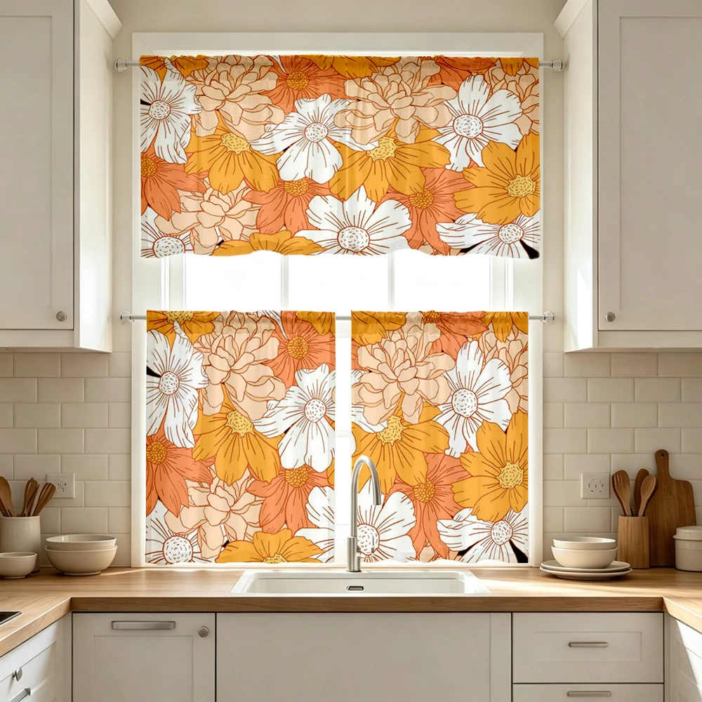 Floral Kitchen Curtains, Orange Yellow Fall Flower, Digital Print, Kitchen Dining Room, Rod Pocket Polyester, Home Decor