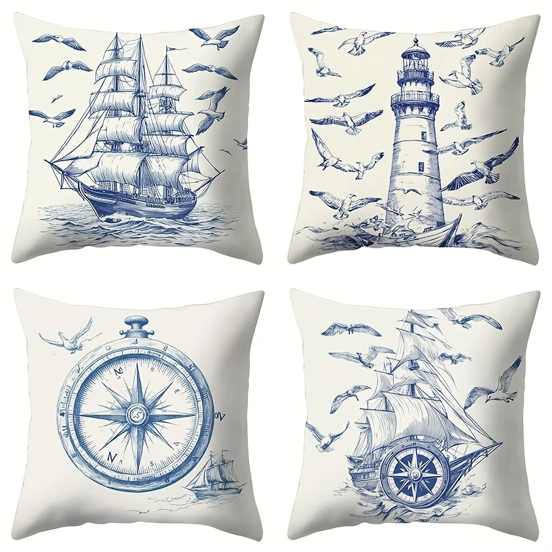 Compass and seagull pattern Single-sided printing Short plush Suitable for living rooms bedrooms sofas (excluding pillow cores)