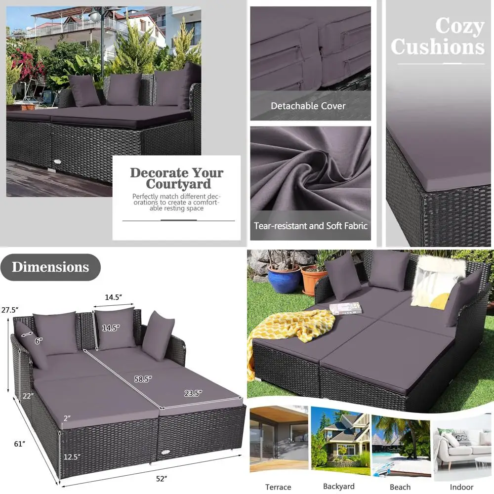Outdoor Rattan Daybed, Patio Loveseat Soa Set w/Comortable Cushions, Extra Pillows & Metal oot, Sunbed Wicker urniture or Yard/P
