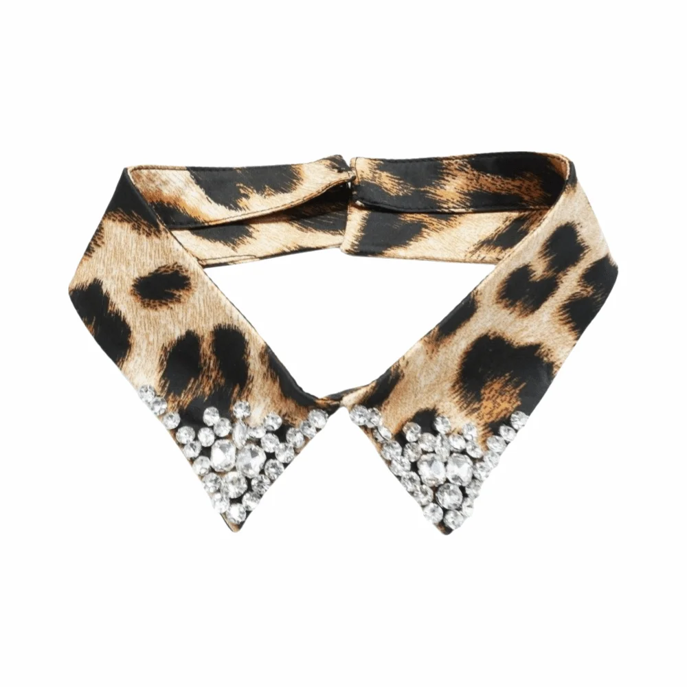 

Elegant Detachable Collar Leopard Design Sparkling Rhinestones Neck Accessory Animal Print Stylish Decorative Faux Collar Party