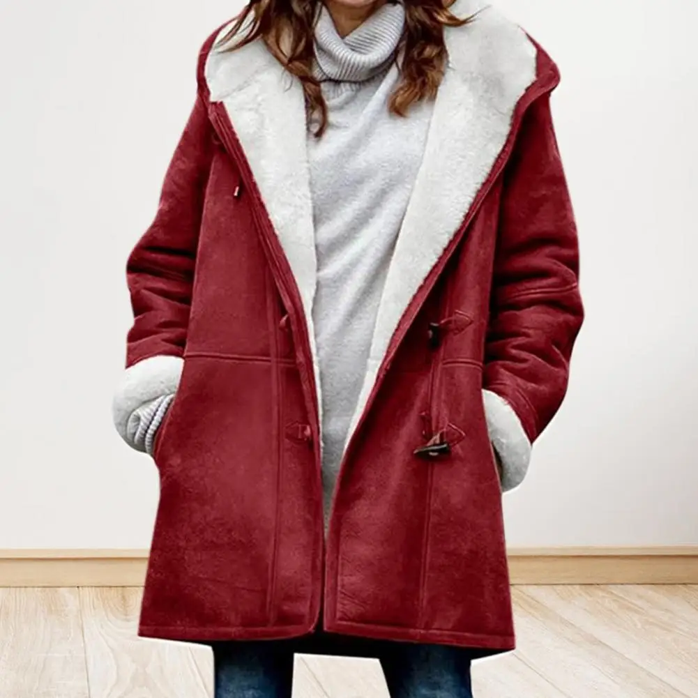 Winter Lady Hooded Coat Thicken Fleece-lined Faux Suede Outerwear Mid Length Thermal Long Sleeve Casual Jacket Women's Clothing