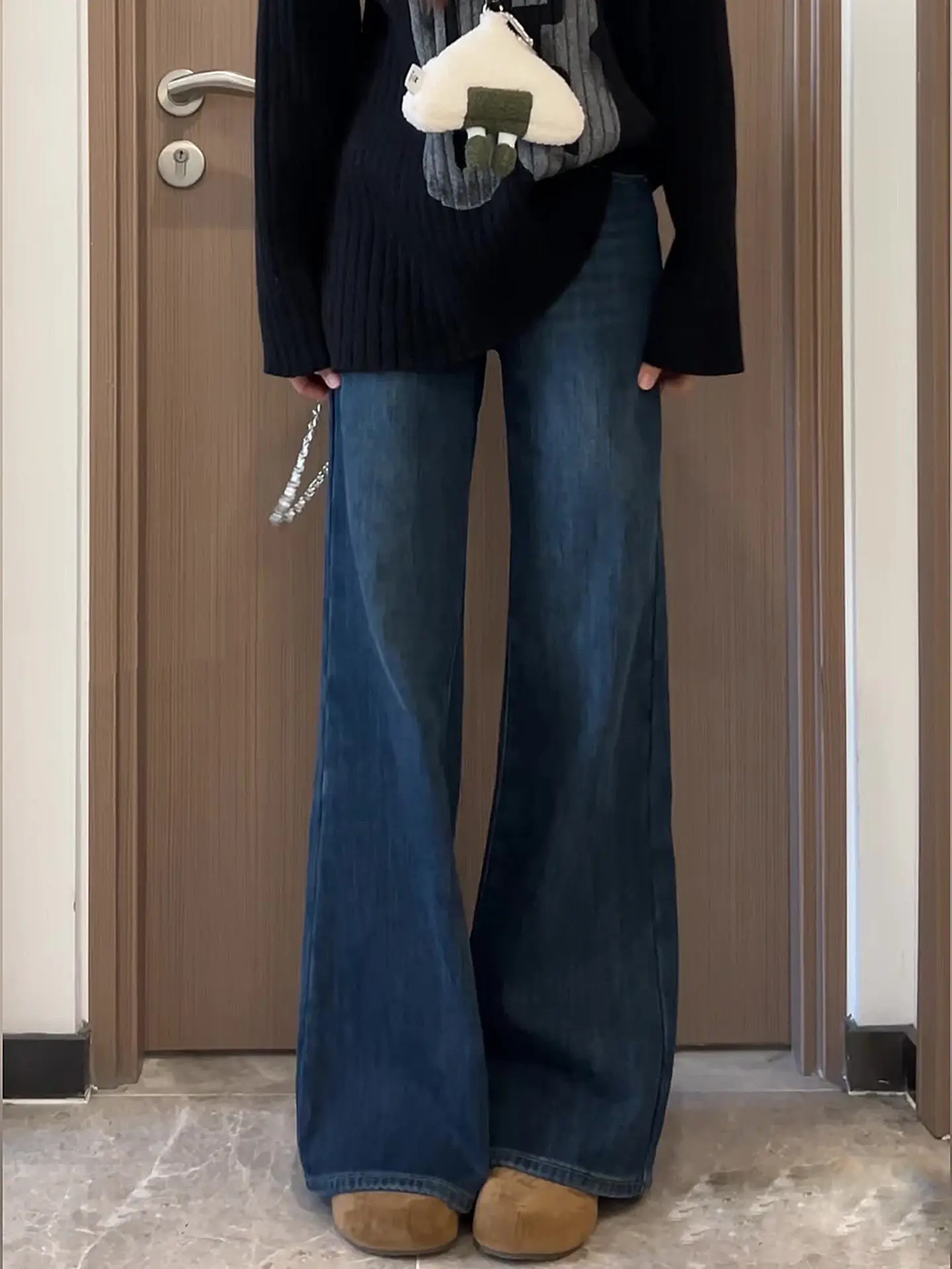 

Deep Blue Fleece Lined Straight Leg Jeans Women's Small Size 2025 New Autumn Winter Loose High Waist Wide Leg Denim Jeans