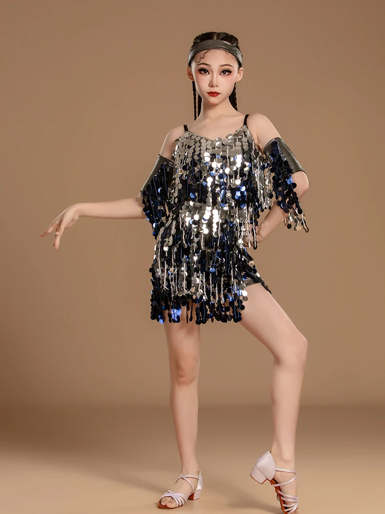 Novas roupas de dança latina das crianças meninas desempenho treinamento arte roupas desempenho lantejoulas vestido de dança