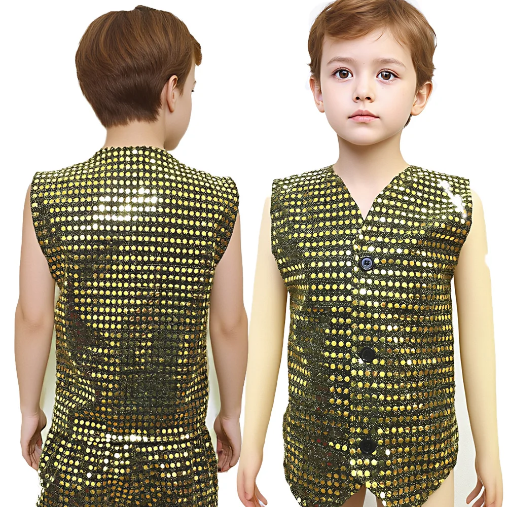 스팽글 민소매 조끼 의상, 재즈 댄스 웨어, 빛나는 조끼, 무대 반짝이 춤, 성인 소년 소녀 공연 의류