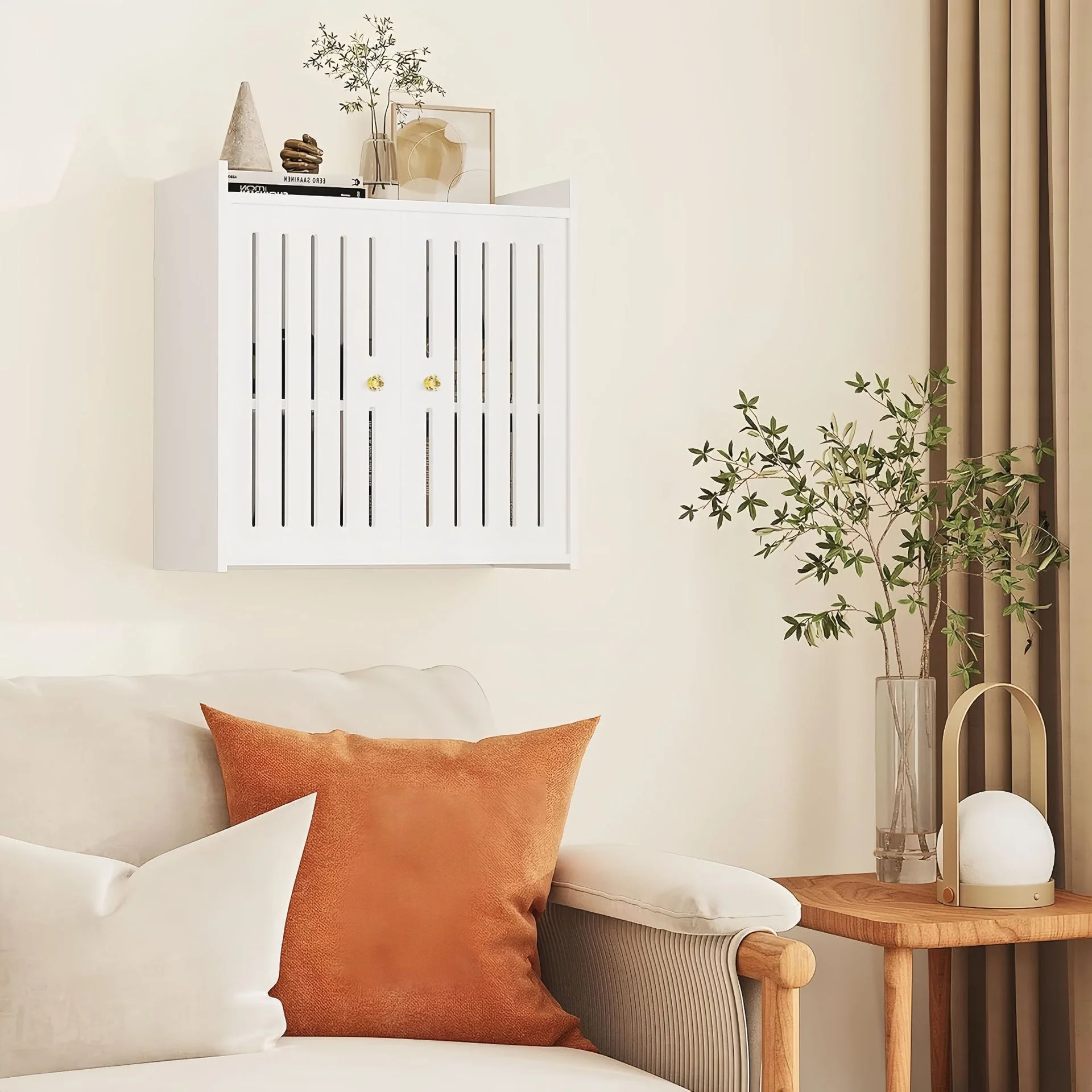 White Bathroom Wall Cabinet with Shutter Doors, Hanging Storage Shelf for Towels & Toiletries