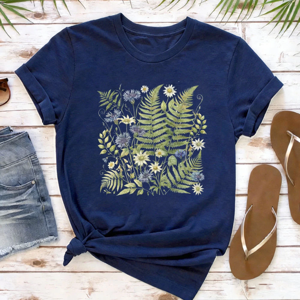 Vintage Botanical Fern o-Neck Shirt Cottagecore Wildflower Graphic Tee Boho Nature Floral Tops Garden Lover Gift for Women