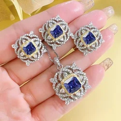 Trendy Vintage Square S925 Silver Wedding Banquet Jewelry Sets for Women Bling Yellow Sapphire AAA Zircon Necklace Earrings Ring