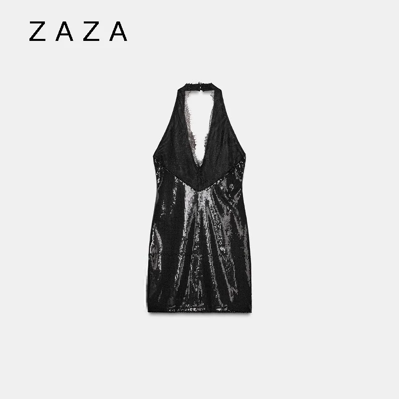 Zaza Shinny Paillettes Mini Vestito Aderente Per Le Donne Senza Maniche Backless In Pizzo Impiombato Halter Robes Vita Alta Cornici e articoli da esposizione Hip Abiti