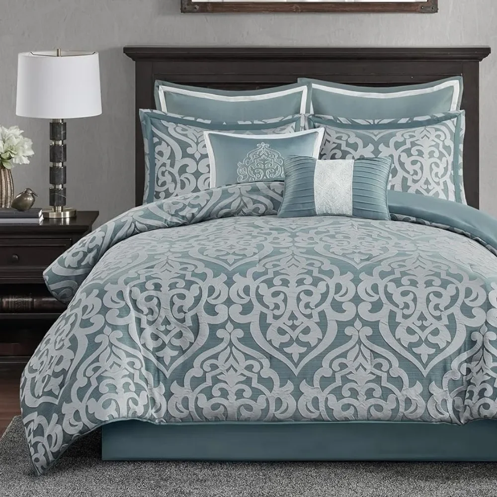 

Beds Sheets Set King Set Jacquard Damask Medallion Design Modern All Season,Down Alternative Bedding 104 in x 92 in Aqua