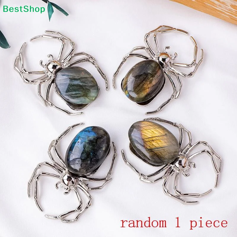〔Elva〕Labradorite Spider Figurine-Silver Tone Metal Spider Ornament with Natural Flash Labradorite Stone for Home & Office Decor