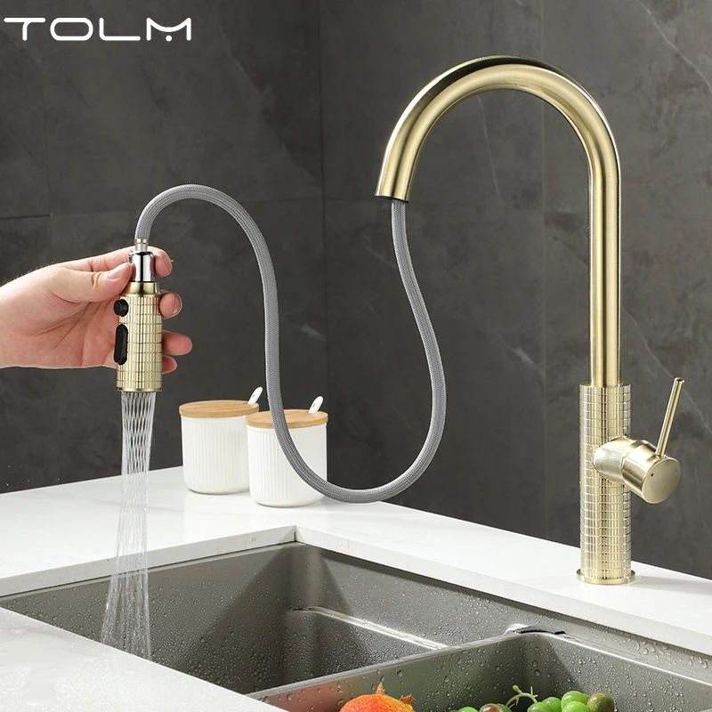 

TOLM Brush gold Кухонный кран Выдвижной кухонный кран для раковины Смеситель с одной ручкой Вращающийся на 360° хромированный кухонный смеситель для душа