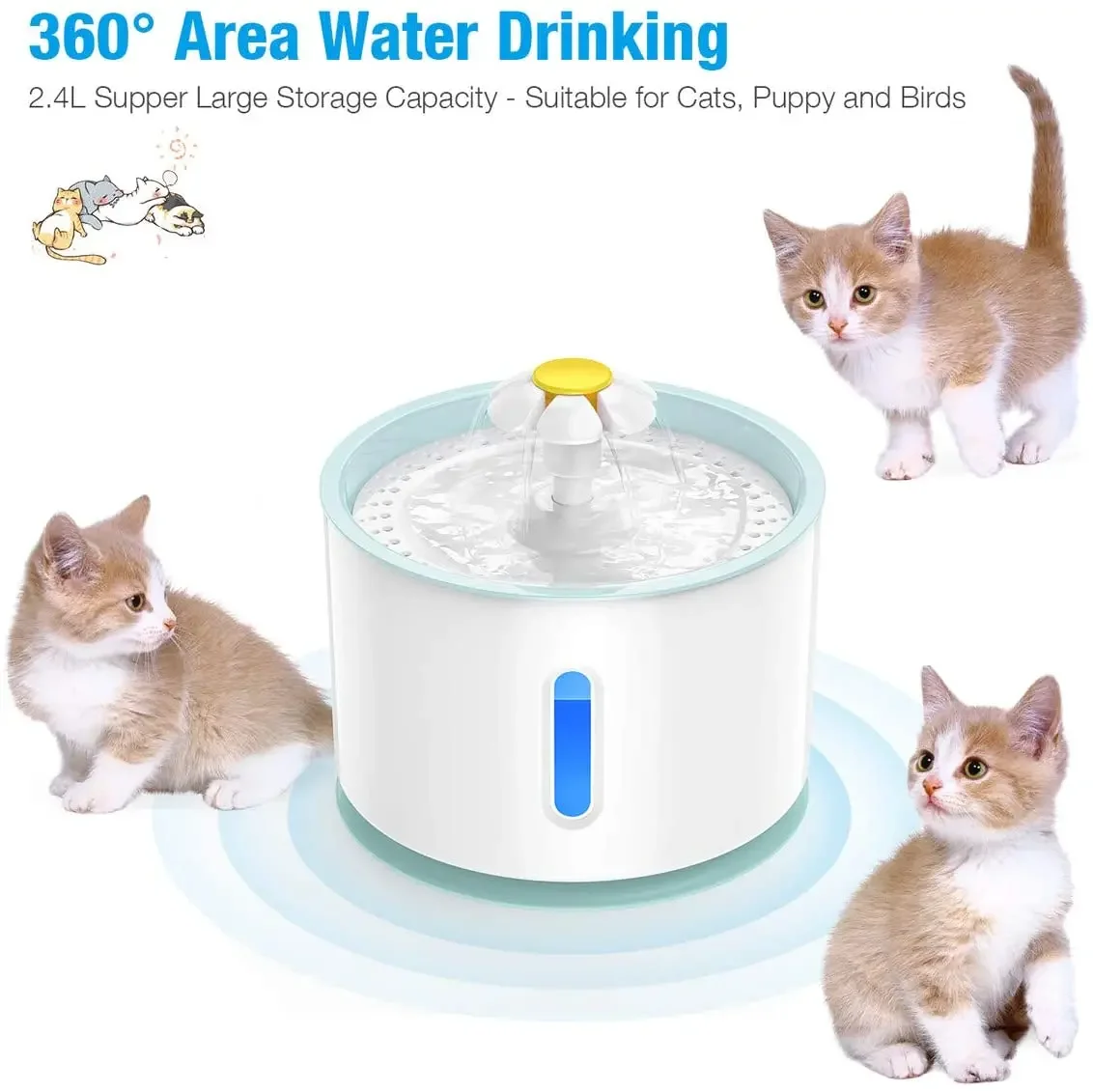 

Automatic Pet Cat Water Fountain with LED Lighting 5 Pack Filters 2.4L USB Dogs Cats Mute Drinker Feeder Bowl Drinking Dispenser