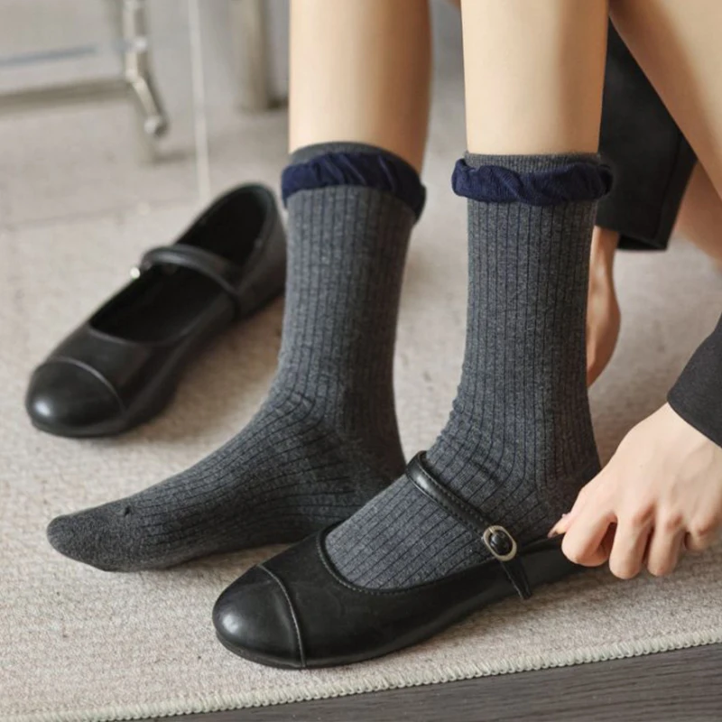 1/5 Paar marineblaue Retro-Damen-Mid-Tube-Socken, modische klassische Textur, gerollte Kanten für alle Jahreszeiten, künstlerische Freizeitsocken – Detail 4