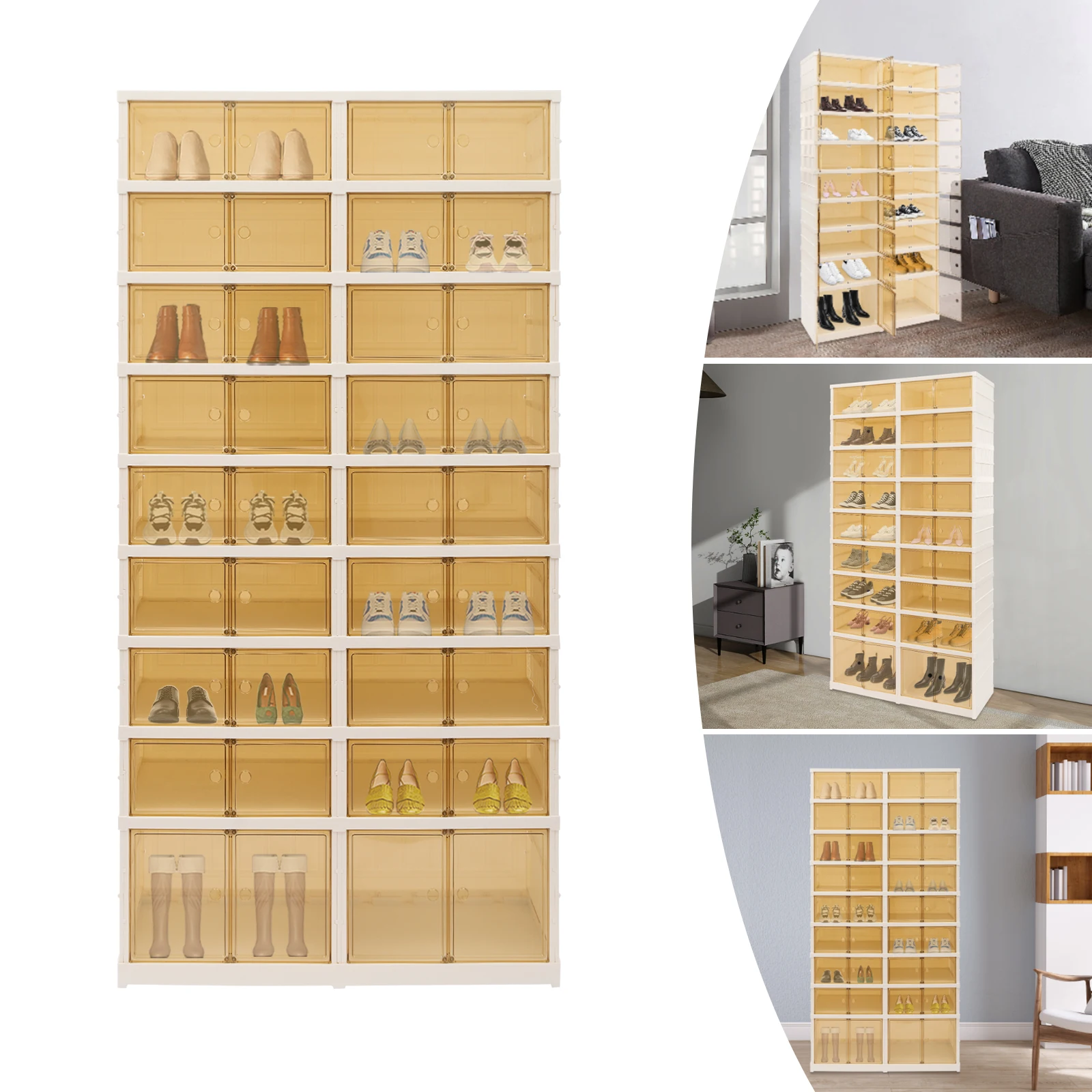 9-Tier Foldable Shoe Rack - PP PS Material 36 Pairs Capacity, Clear Magnetic Door 87x34.5x169cm, Collapsible with Bottom Pulley
