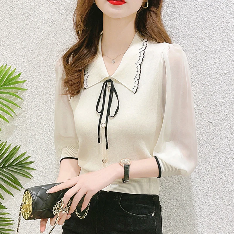 2024 New Spring Summer Women Fashion Elegant Bow Chiffon Patchwork Blouses Office Lady Casual 3/4 Sleeve Slim Pullover Knit Tops