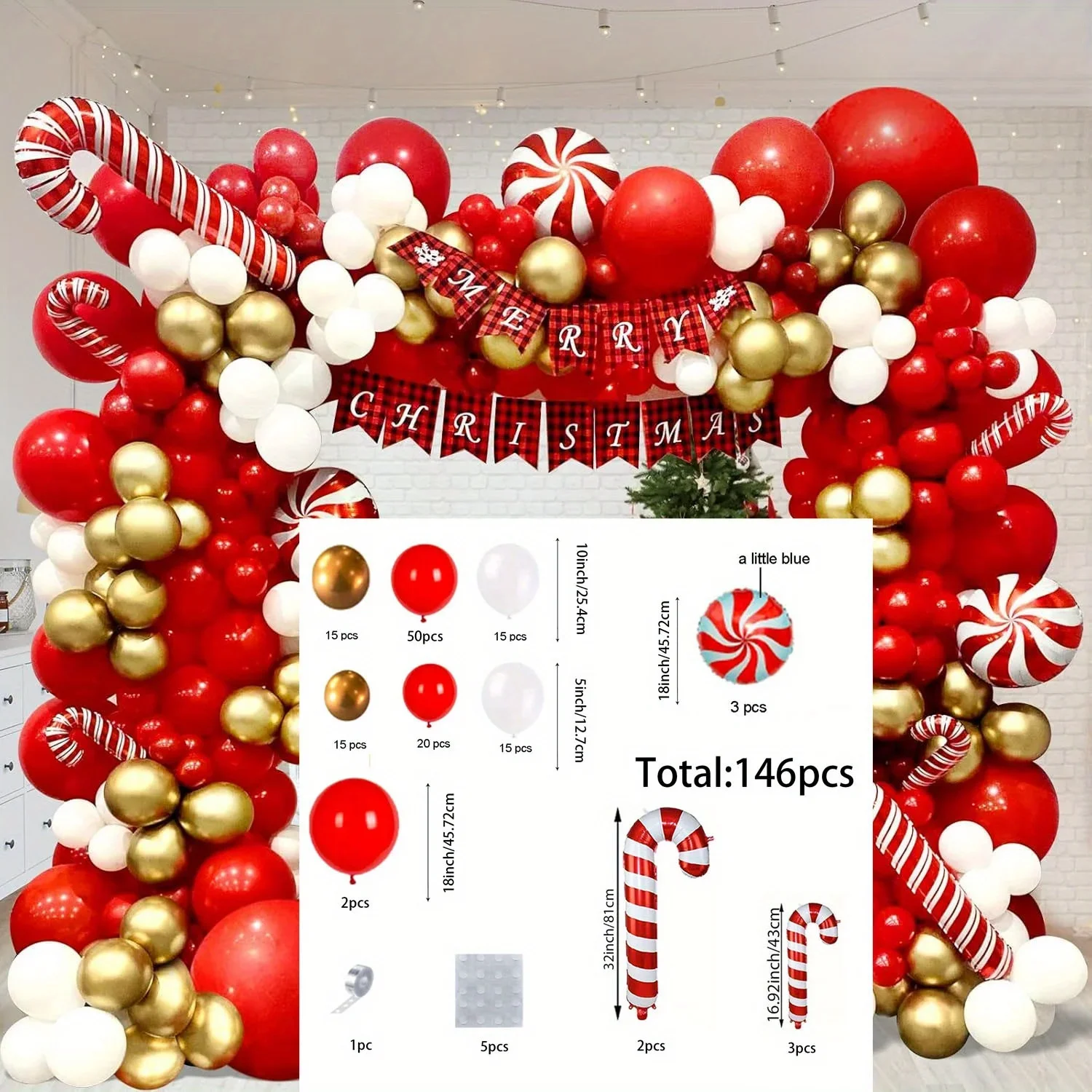 146pcs Christmas Balloon Garland Set - Red,gold and White with Candy Bars-perfect for Holiday Parties,birthdays and Celebrations