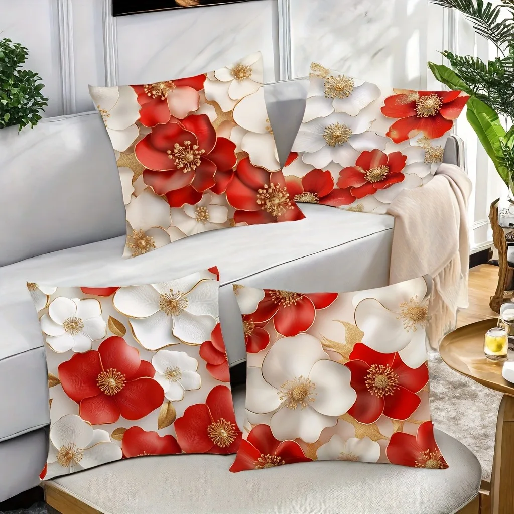 

4 шт., красный и белый цветочный узор, домашний декор, наволочка для гостиной, дивана, полиэстеровая наволочка с молнией
