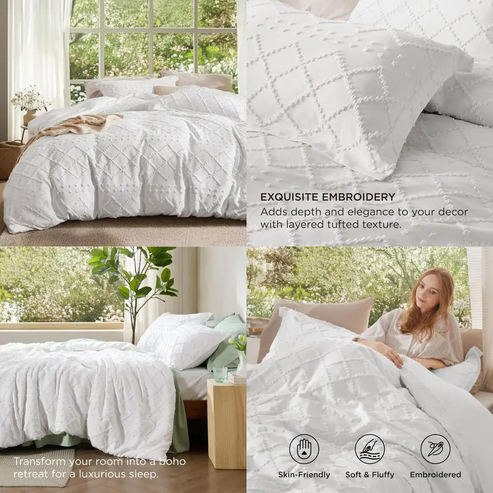 

Пододеяльник в стиле бохо размера Queen - белый, дышащий и мягкий, можно стирать в машине, для всех сезонов, 90x90 см, с 2 наволочками и