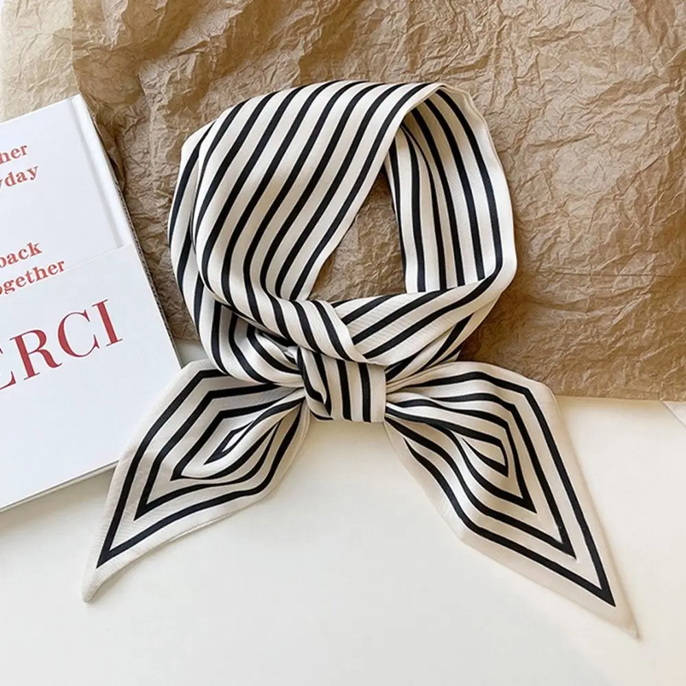 Retro Wraps Ribbon Headband French Female Shawl Stripe Printing Silk Scarf Printed Scarf Small Long Scarf Korean Style Scarves