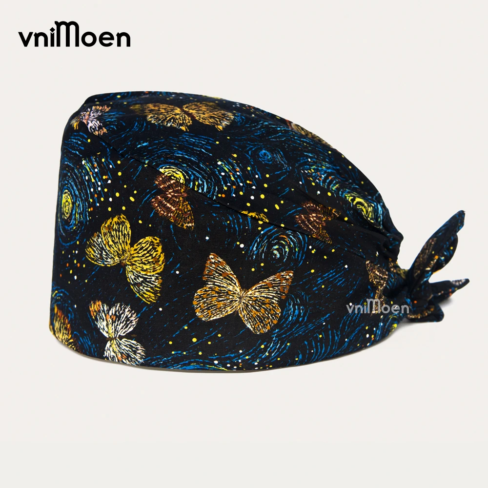 Printed Scrub Cap Universe Starry Sky Spaceship Pattern Adjustable Tie‑back Work Cap