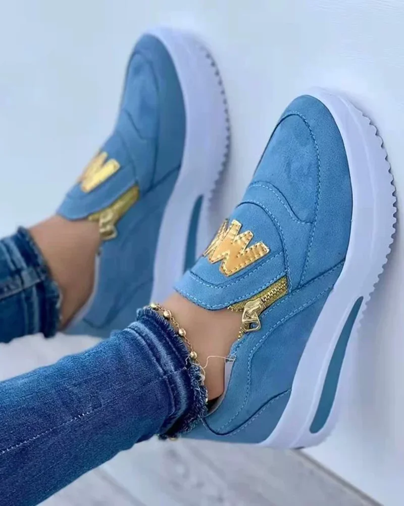 

Letter Side Zipper Decor Platform Slip On Sneakers Flats Casual Shoes