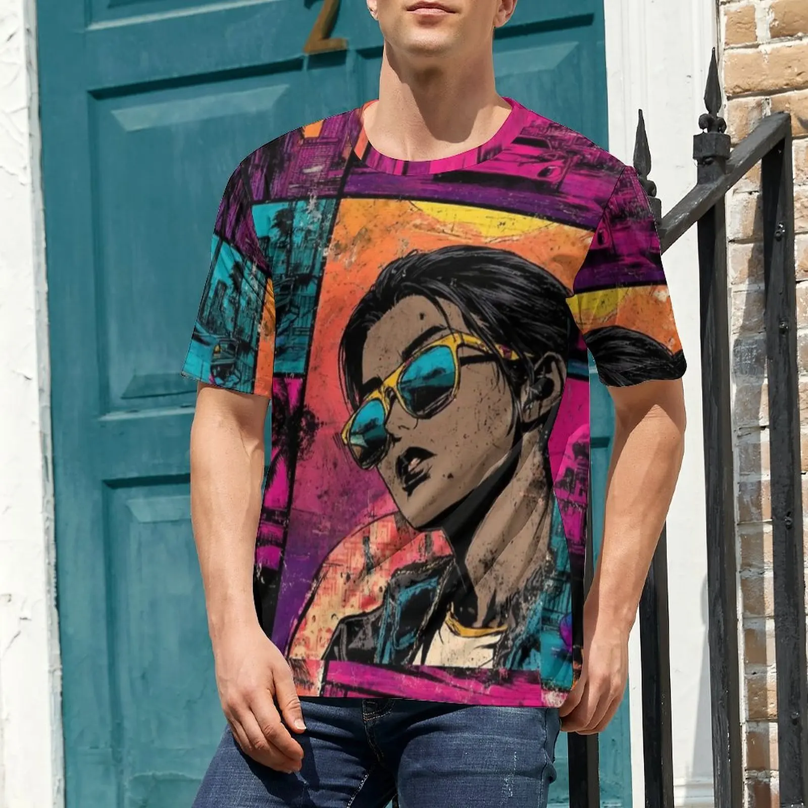 Summer T-Shirt Retro Miami Comic Print T Shirts  Awesome Novelty Tees For Male Short Sleeves Custom Big Size Tops