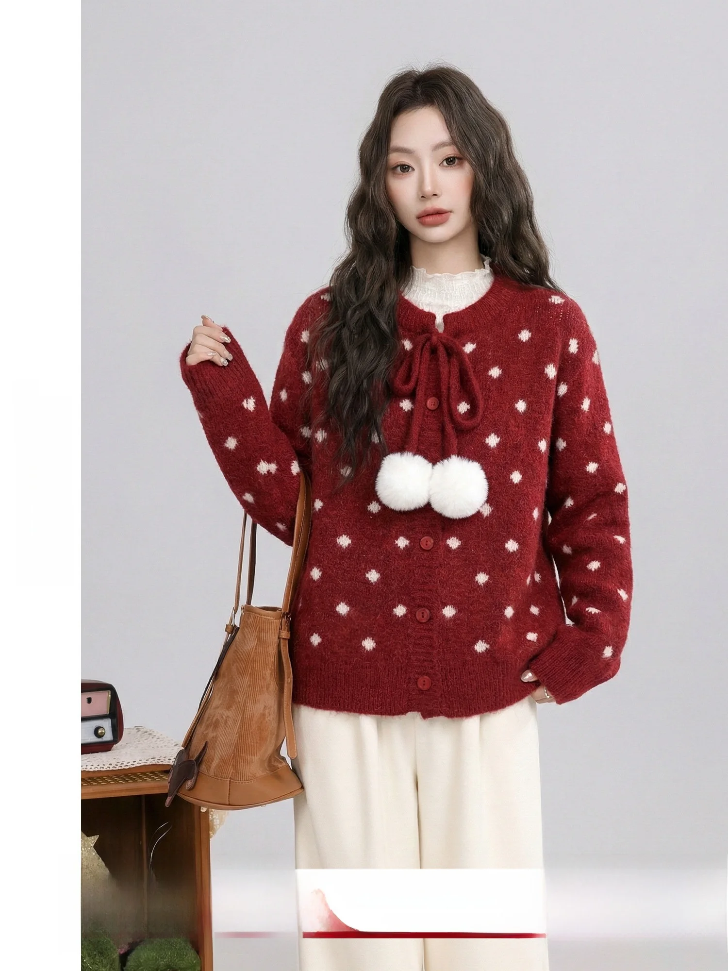 

Женский свитер Rose Appoinent Winter Soft Furry Polka Dot, новогодний, красный, с длинными рукавами, круглым вырезом, на пуговицах, вязаный